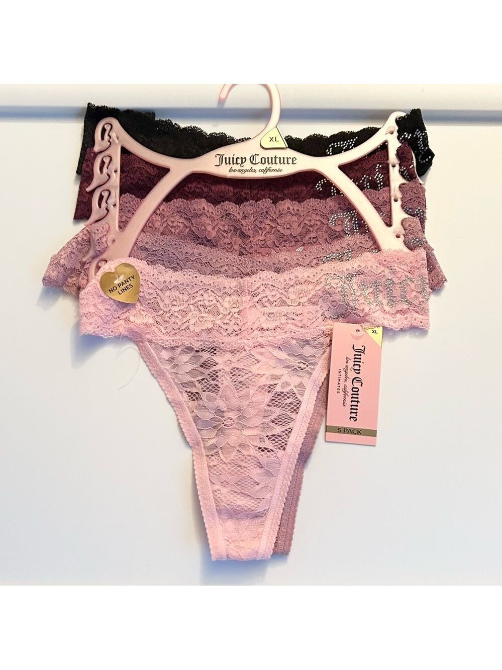 Juicy Couture 5 Pairs of Women’s Lace Thongs Panties Pink Black XL NWT
